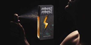 Perfume Animale For Men em destaque, ao fundo um homem passando perfume