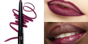 O Lápis Retrátil para os Lábios à Prova D'Água Mary Kay® em um fundo branco à esquerda, com dois lábios em tom vermelho na direita