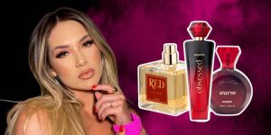 Montagem mostra a influenciadora Virginia Fonseca e alguns perfumes da Wepink ao lado