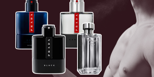 Homem sem camisa espirrando perfume em si mesmo