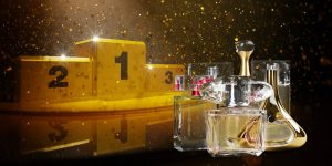 Montagem mostra um pódio e alguns frascos de perfumes para simbolizar o pódio da perfumaria nacional