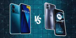 Poco C65 e Moto G14 lado a lado com um símbolo de 