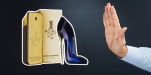 Perfumes 1 Million e Good Girl; ao lado, uma mão fazendo sinal de 
