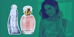 Montagem com uma mulher se perfumando e dois frascos de perfumes femininos do Boticário