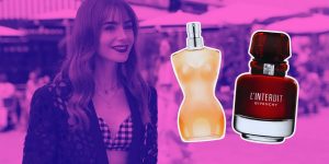 Montagem com uma foto da série Emily in Paris e dois frascos de perfumes femininos franceses