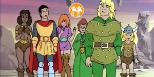 Personagens de A Caverna do Dragão; ao centro, uma logo do Giraffas