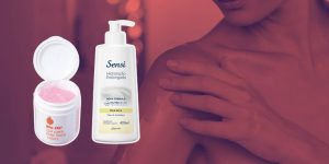 Montagem com dois frascos de hidratantes para pele seca