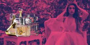 Montagem com uma mulher vestida de princesa ao fundo e frascos genéricos de perfumes ao lado
