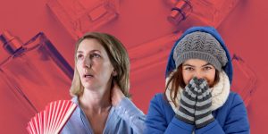 Montagem com frascos de perfumes ao fundo e uma mulher com calor e outra com frio à frente