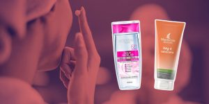 Montagem com mulher passando creme no rosto e dois produtos para combater efeitos da poluição na pele ao lado