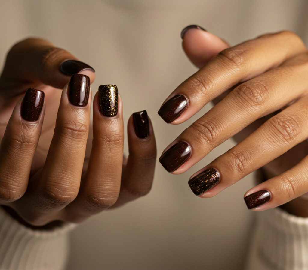 Marrom entre as cores de unhas decoradas trabalho